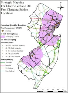 Map of New Jersey showing plan for electric vehicle charging stations