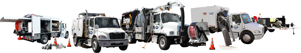 Lineup of a sewer jet/vac truck, sewer inspection crawler, jetting nozzles, street sweeper, hydro excavator, and hydro jetter trailer