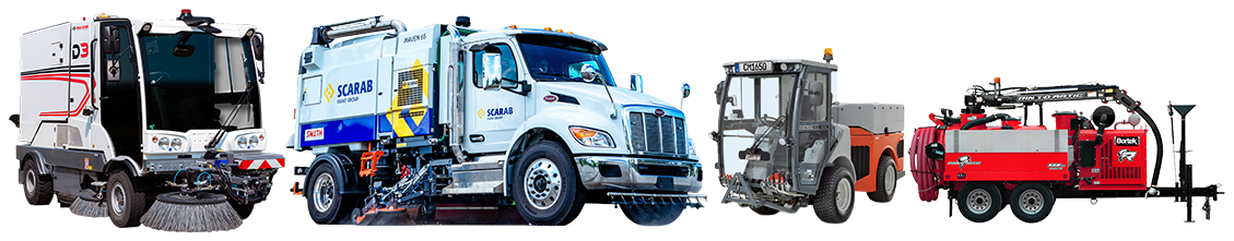 Lineup of a sewer jet/vac truck, sewer inspection crawler, jetting nozzles, street sweeper, hydro excavator, and hydro jetter trailer